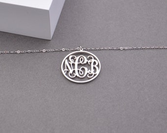Sterling Silver Monogram Initials Necklace: Personalized Circle Pendant