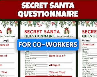 Frågeformulär om hemlig tomte för vuxna, utskrivbar hemlig tomte, frågeformulär för presentutbyte, frågeformulär om tomte för kollegor, presentutbyte
