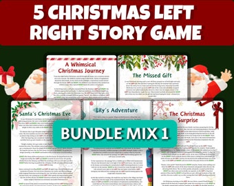 Puede incluir: Una descarga digital para un juego de historia de Navidad a la izquierda o a la derecha. La imagen muestra cinco tarjetas coloridas con ilustraciones y texto. El texto en las tarjetas incluye "Un viaje de Navidad caprichoso", "El regalo perdido", "La aventura de Lily", "La víspera de Navidad de Santa" y "La sorpresa de Navidad". Las tarjetas están dispuestas en una cuadrícula con una pancarta roja y blanca "BUNDLE MIX 1" en el centro. La imagen también incluye una pancarta roja y blanca "¡DESCARGAR AHORA!" en la parte inferior.