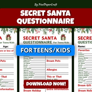 Cuestionario de Papá Noel secreto para adultos, Papá Noel secreto imprimible, Cuestionario de intercambio de regalos, Cuestionario de Papá Noel para compañeros de trabajo, Intercambio de regalos