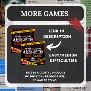 The last image shows another murder mystery game called MIDNIGHT RETRIBUTION and a deadly roulette, the link can be found in the description and that this is a digital product and no product will be mailed to you
