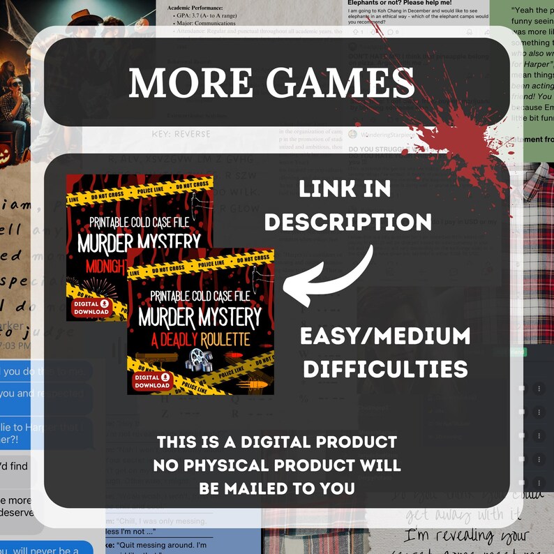 The last image shows another murder mystery game called MIDNIGHT RETRIBUTION and a deadly roulette, the link can be found in the description and that this is a digital product and no product will be mailed to you
