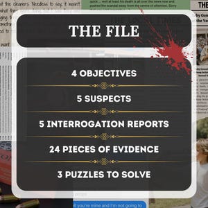 The image shows that the file has 4 objectives, 5 suspects, 5 interrogation reports, and 24 pieces of evidence for you to work with and 3 puzzles