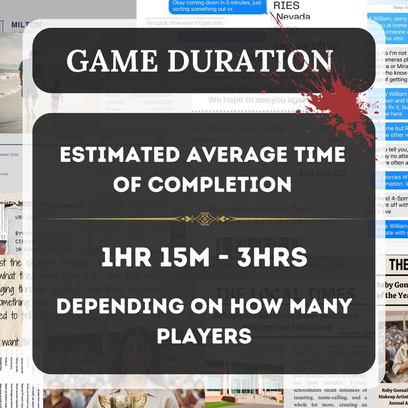 The image describes that the duration of the game is around 1 hour 15 minutes to 3 hours depending on how many people are playing the game