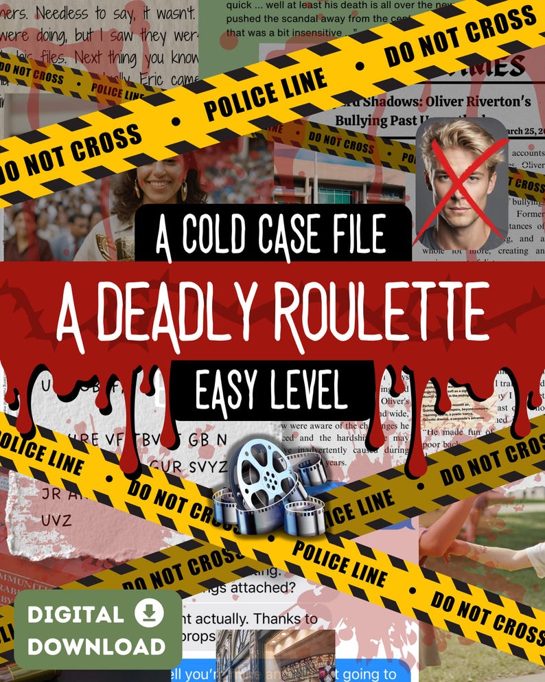 The title front page describes a cold case murder mystery game file that is for parties and gatherings with family or friends called A deadly roulette, that is only for digital downloads. The colour is red and back with bloody graphics
