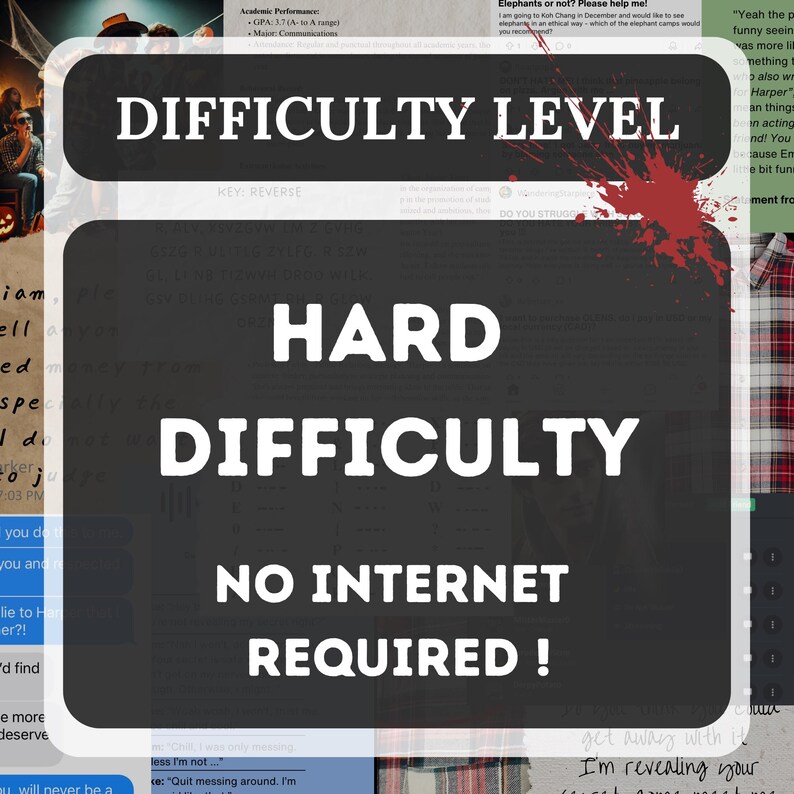 May include: A red and white sign with the text "Difficulty Level: Hard" and "Difficulty: No Internet Required!" in white text. The sign is on a background of colourful patterned fabric.