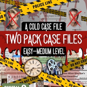 The title front page describes a 2 PACK cold case murder mystery game file that is for parties and gatherings with family or friends, that is only for digital downloads. The colour is red and back with bloody graphics