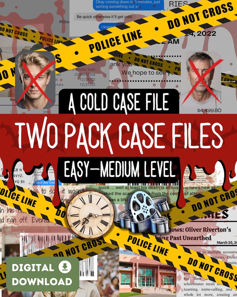 The title front page describes a 2 PACK cold case murder mystery game file that is for parties and gatherings with family or friends, that is only for digital downloads. The colour is red and back with bloody graphics