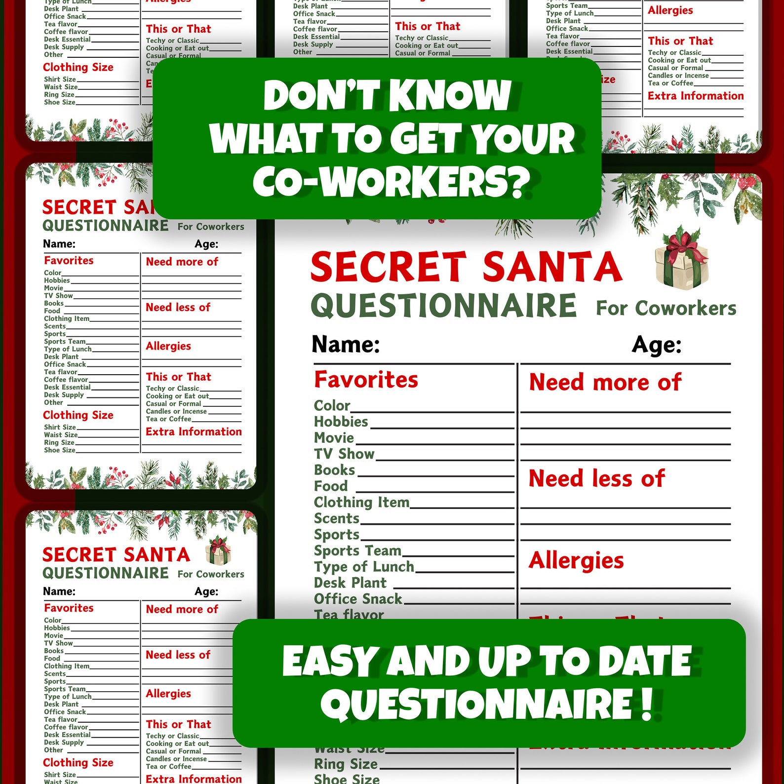 Secret Santa Questionnaire for Adults Printable Secret Santa - Etsy