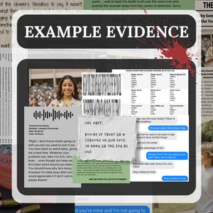 The image shows example evidence you may be working with, such as photos, text messages, invoices, diary entries and so much more