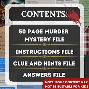 This page describes the contents of the game. It has a 50 page murder mystery file, an instruction file, a clue and hints file and finally an answer file