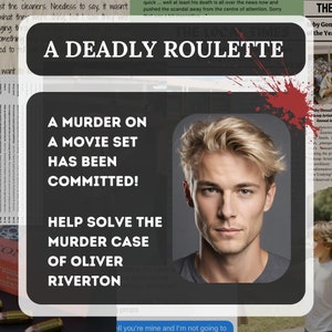 This image shows and describes the game to be Movie set themed, it pictures a man named Oliver Riverton and he is the one we are solving for, his murder