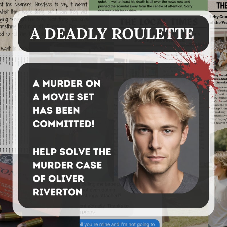 This image shows and describes the game to be Movie set themed, it pictures a man named Oliver Riverton and he is the one we are solving for, his murder
