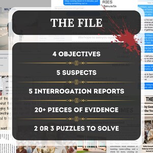 The image shows that the file has 4 objectives, 5 suspects, 5 interrogation reports, and 20+ pieces of evidence for you to work with 2 or 3 puzzles