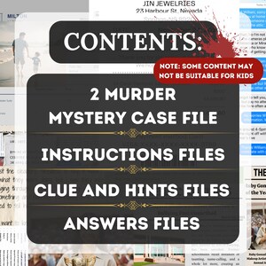 Puede incluir: Un p&oacute;ster rojo y blanco con el texto "CONTENTS: 2 MURDER MYSTERY CASE FILE INSTRUCTIONS FILES CLUE AND HINTS FILES ANSWERS FILES" en una fuente negra en negrita. El p&oacute;ster tiene una nota que dice "NOTE: SOME CONTENT MAY NOT BE SUITABLE FOR KIDS".