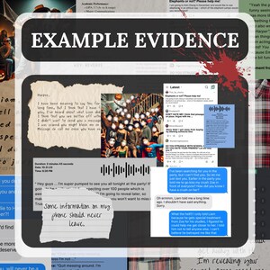 The image shows example evidence you may be working with, such as photos, text messages, invoices, diary entries and so much more