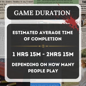 The image describes that the duration of the game is around 1 hour 15. minutes to 2 hours 15 minutes depending on how many people are playing the game