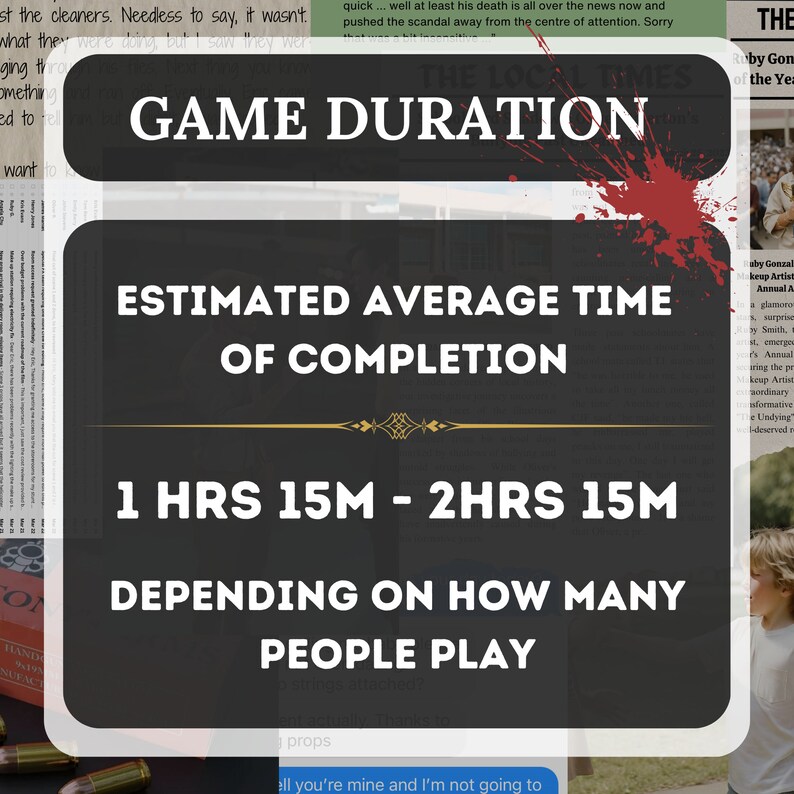 The image describes that the duration of the game is around 1 hour 15. minutes to 2 hours 15 minutes depending on how many people are playing the game