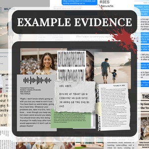The image shows example evidence you may be working with, such as photos, text messages, invoices, diary entries and so much more