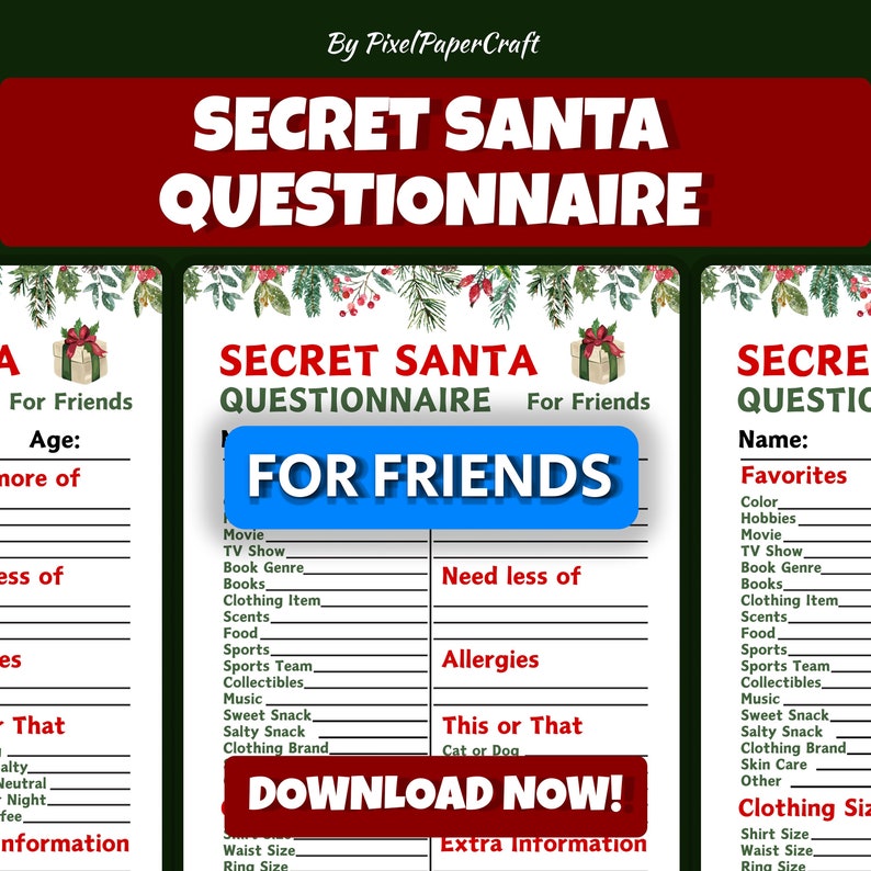 Secret Santa Questionnaire for Adults Printable Secret Santa - Etsy
