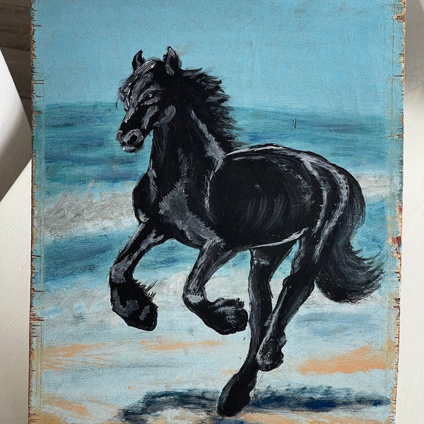 Black Horse Painting on Salvaged Wood
