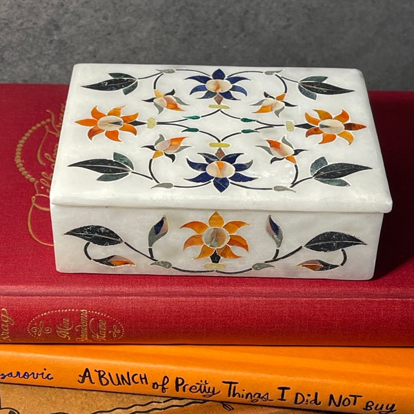 Pietra Dura Marble and Mineral Trinket Box ~ Hand made in India