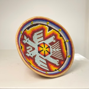 Huichol beaded bowl Eagle indigenous gourd Sayulita San Pancho Mexico Nayarit Jalisco Mexico hand made beaded Huichol art by local Huichol