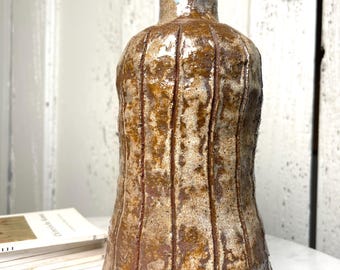 Brown handmade textured ceramic vase, signed DF