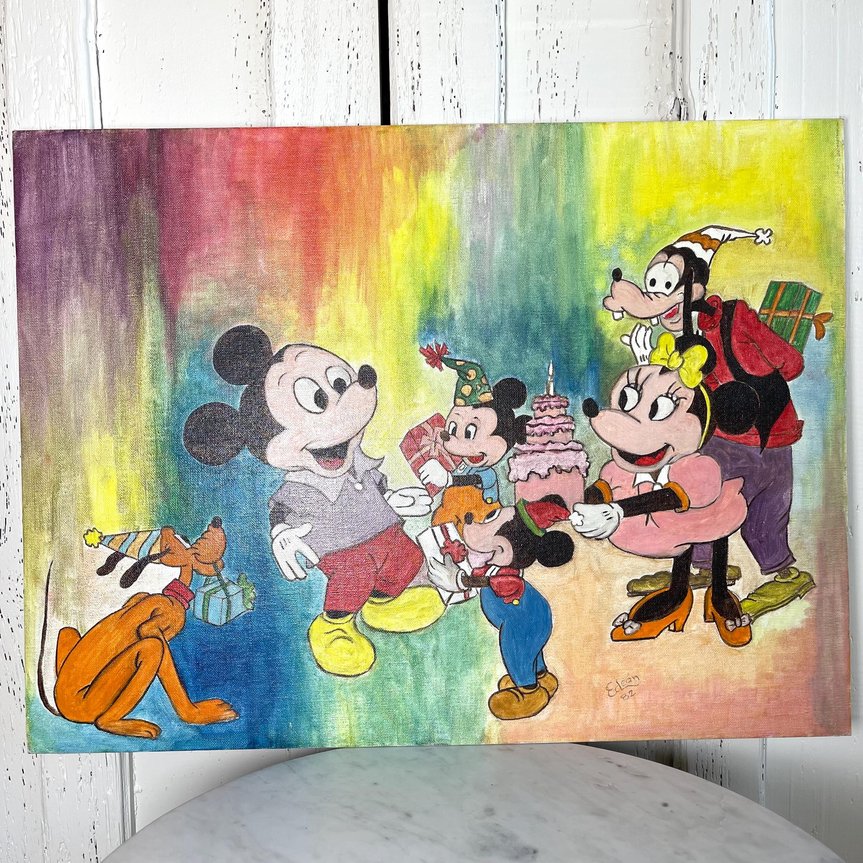 1980s Disney Mickey Mouse Goofy Pluto Minnie Mouse Original Oil