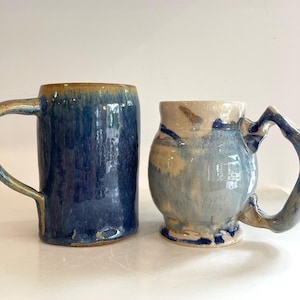 2 Studio Ceramic Blue Coffee Mugs, blue mugs, tea mugs, tea cups, studio ceramic, blue pottery, unique mugs, coffee mugs, blue ceramic art