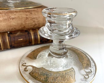 Vintage glass candlestick holders gold filigree overlay 1940s?
