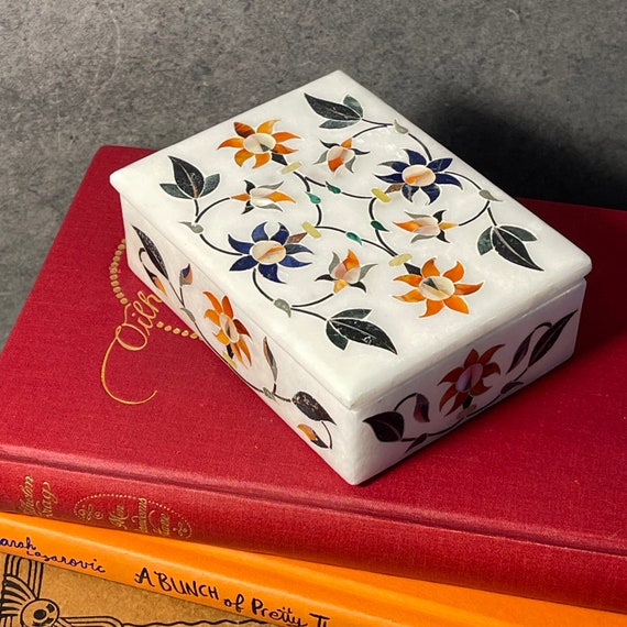 Pietra Dura Marble and Mineral Trinket Box ~ India - image 3
