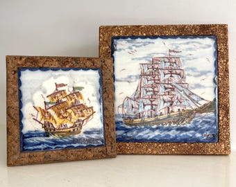 Portuguese hand-painted Azulejo tile featuring sailing ship trivet with cork PAIR