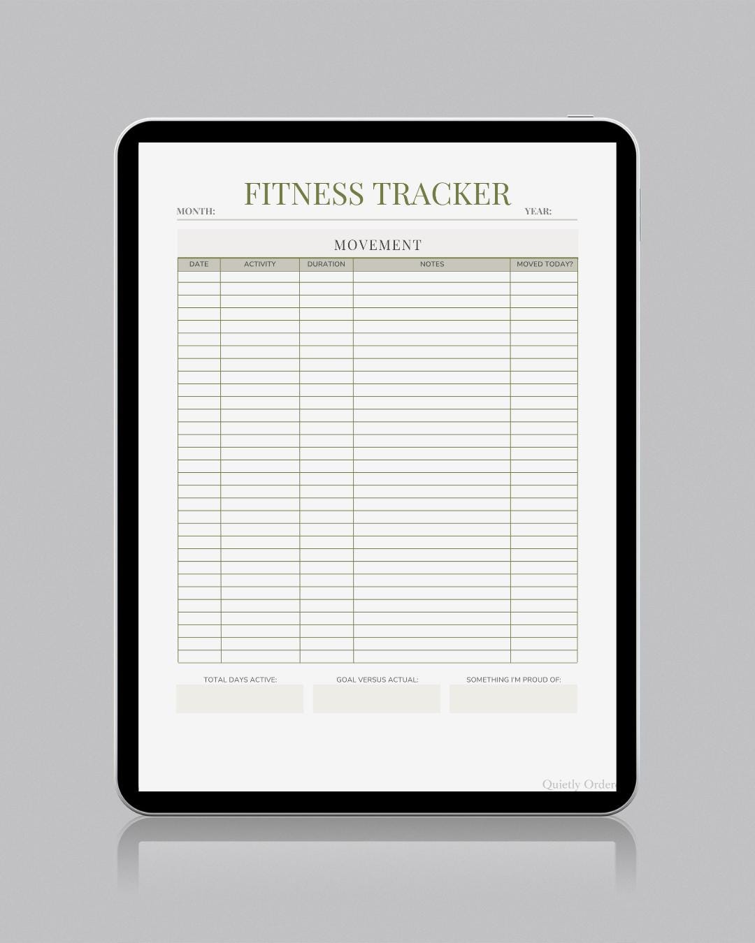 Fitness Tracker Printable | Monthly Movement Log | Minimal Sage Green ...