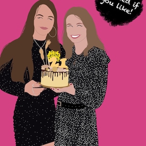May include: Two people in black dresses holding a birthday cake with chocolate frosting and a "Happy Birthday" topper. The cake is decorated with gold sprinkles and a number 21 candle.