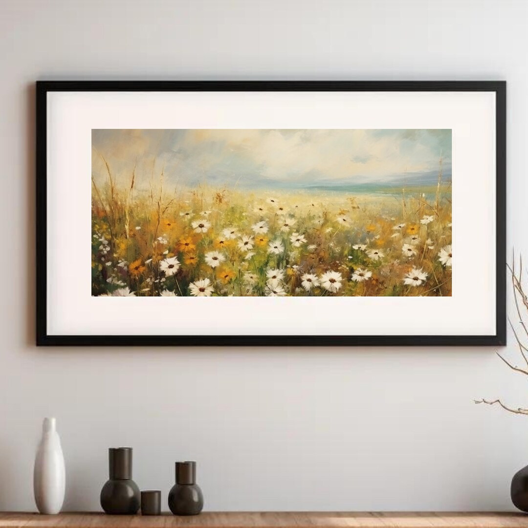 Wildflower Field Landscape Oil Painting Wall Art , Vintage Landscape ...