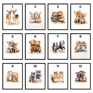 May include: Twelve watercolor illustrations of pairs of animals, each with a number from 1 to 12. The animals include a deer, rabbit, beaver, fox, owl, bear, badger, hedgehog, wolf, squirrel, and raccoon.
