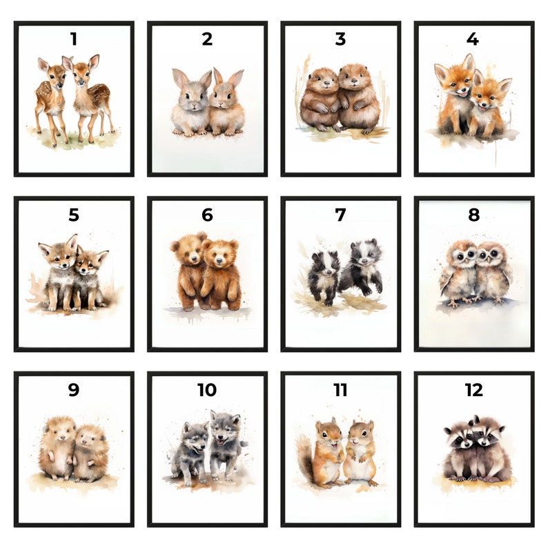 May include: Twelve watercolor illustrations of pairs of animals, each with a number from 1 to 12. The animals include a deer, rabbit, beaver, fox, owl, bear, badger, hedgehog, wolf, squirrel, and raccoon.