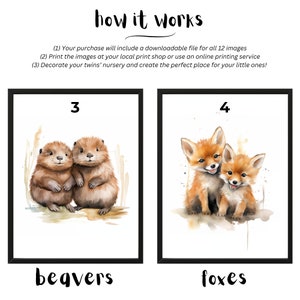 May include: Two watercolor illustrations of animal pairs. The first image shows two beavers with the number 3 and the word "beavers" below. The second image shows two foxes with the number 4 and the word "foxes" below.