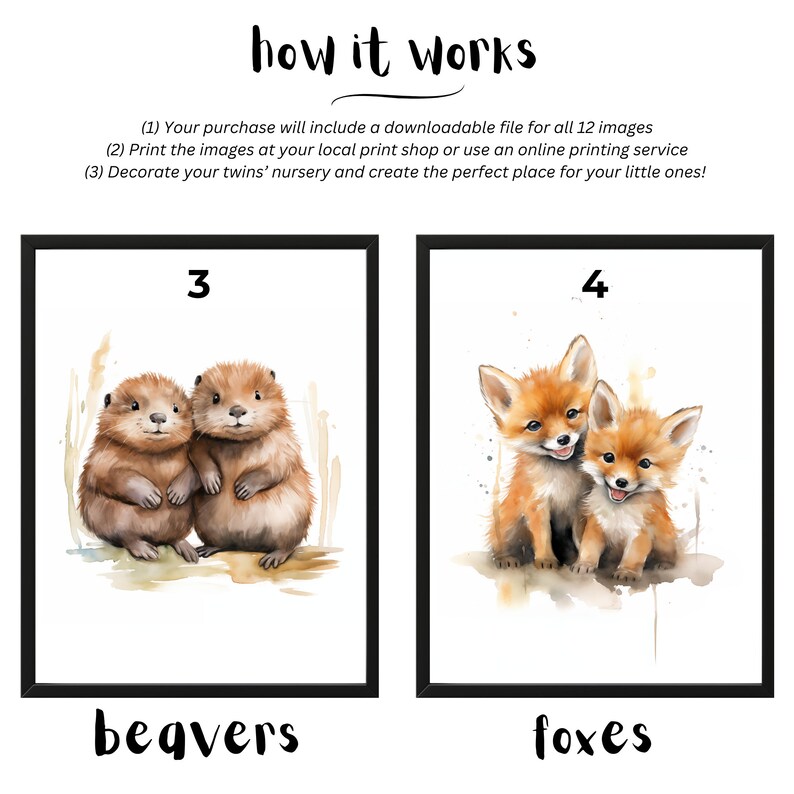 May include: Two watercolor illustrations of animal pairs. The first image shows two beavers with the number 3 and the word "beavers" below. The second image shows two foxes with the number 4 and the word "foxes" below.