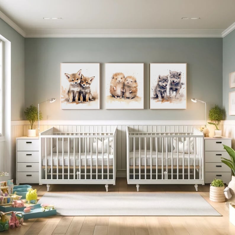Twin Forest Nursery Wall Art, Twin Wall Art, Baby Animal Twin Nursery ...