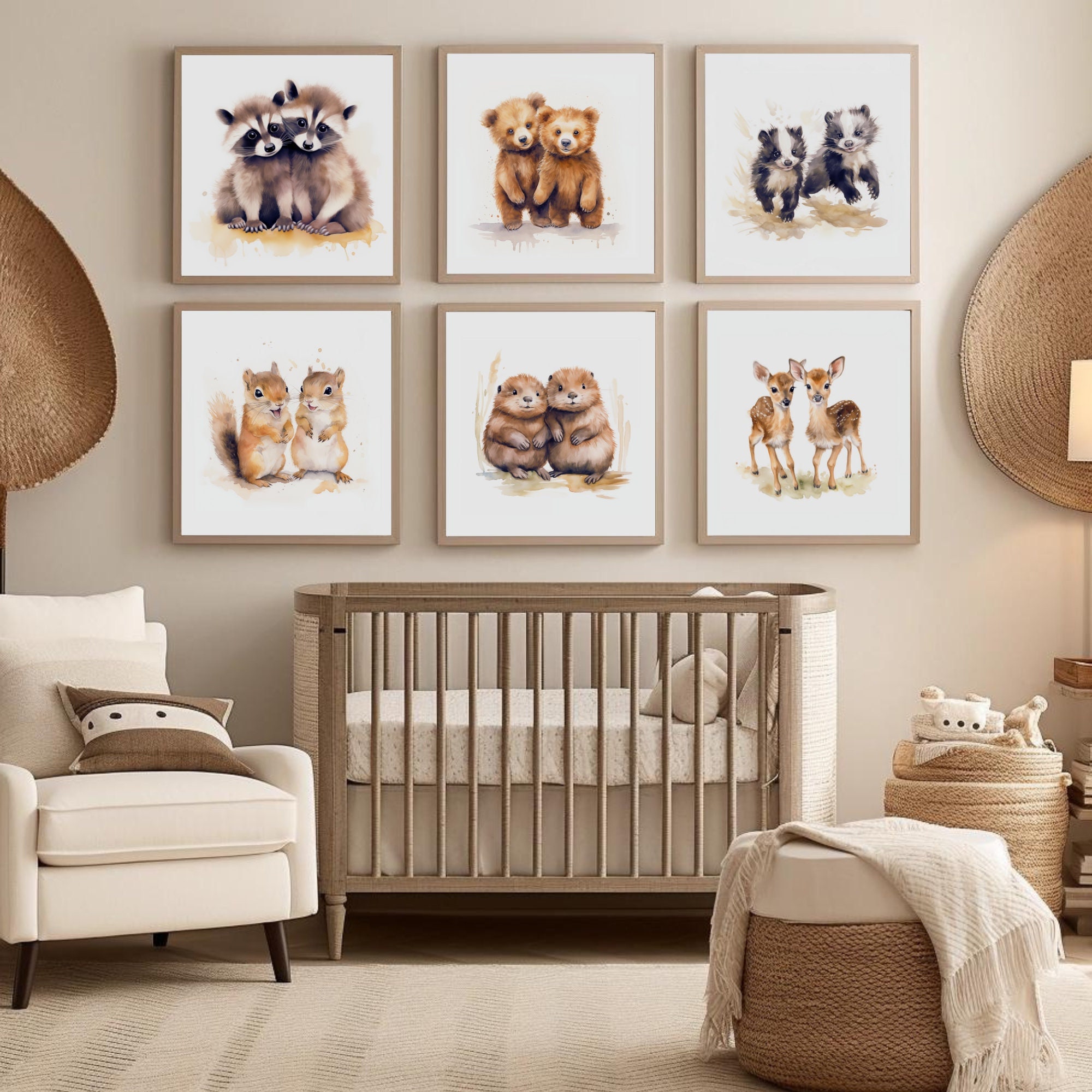 Twin Forest Nursery Wall Art, Twin Wall Art, Baby Animal Twin Nursery Decor, Woodland Nursery
