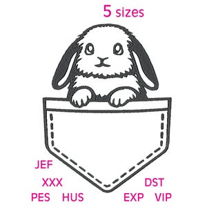 May include: Black and white embroidered design of a bunny rabbit peeking out of a pocket. The text "5 sizes" is above the bunny. Below the pocket are the letters JEF, XXX, PES, HUS, DST, EXP, and VIP.