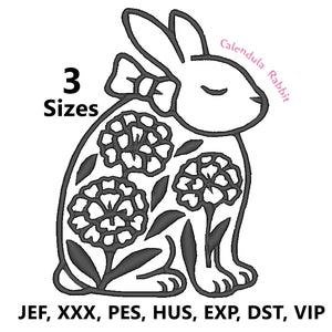 May include: Black and white line art of a rabbit with floral patterns on its body. The rabbit has a bow and the text "Calendula Rabbit". The image also includes the text "3 Sizes" and file type abbreviations: JEF, XXX, PES, HUS, EXP, DST, VIP.