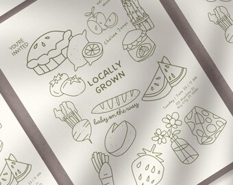 Locally Grown Baby Shower Invite, Farmers Market Invitation, Gender Neutral Baby Shower, Baby Sprinkle Template, Garden Party Invite Veggie