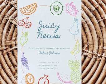 Charming Hand-Drawn Produce Design Locally Grown Baby Fruit Theme Baby Shower Invitation Editable Template Gender Neutral Digital Download