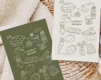 Farmers Market Baby Shower Invitation, Hand-Drawn Produce Design (Printable)