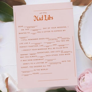 Mad Libs de boda para invitados Juego de despedida de soltera Juego de recepción de boda rosa Mad Libs Consejos de boda Carta de amor Plantilla de Mad Libs editable