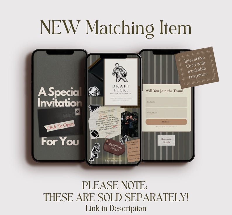 May include: Three smartphones displaying digital invitation designs with football themes. The screens show text including A Special Invitation For You, Draft Pick, and Will You Join the Team, alongside graphics of football players, helmets, and tags.