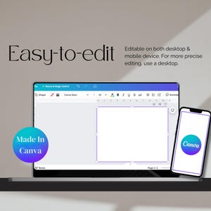 May include: A laptop and a smartphone displaying the Canva interface with a blank white canvas. Text reads: Easy-to-edit. Editable on both desktop & mobile device. For more precise editing, use a desktop. A circular badge reads: Made In Canva.